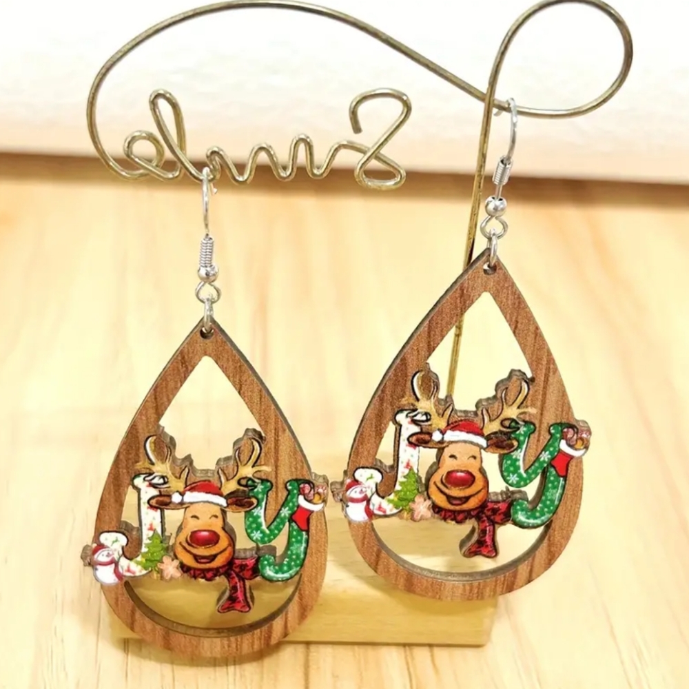 B2G1F Christmas Wooden Teardrop Earrings